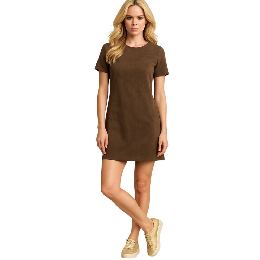 Max Studio Faux Suede Brown Short Sleeve Shift Dress | Size S NEW